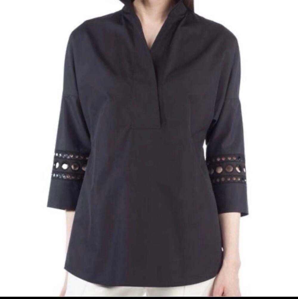 Akris Punto Black Cotton Eyelet Sleeve Poplin Blouse